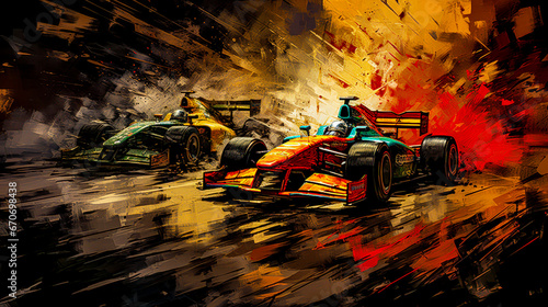Car Racing Graphic in Oil and Acrylic on Canvas Illustration Wallpaper Cover Background Poster Digital Art 