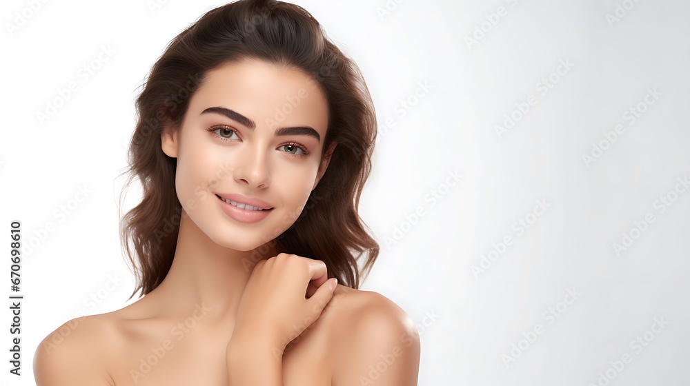 Obraz premium Portrait of young happy woman looks in camera. Skin care beauty, skincare cosmetics, dental concept isolated over white background 