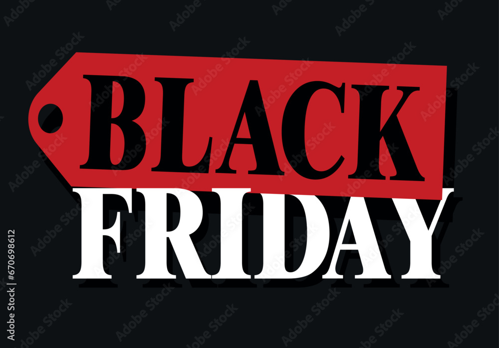 Promotional image of offer, Black Friday discount in black, white and red colors, label design.