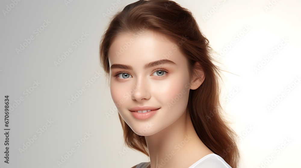 Portrait of young happy woman looks in camera. Skin care beauty, skincare cosmetics, dental concept isolated over white background Portrait of young happy woman looks in camera. Skin care beauty, skincare cosmetics, dental concept isolated over white background