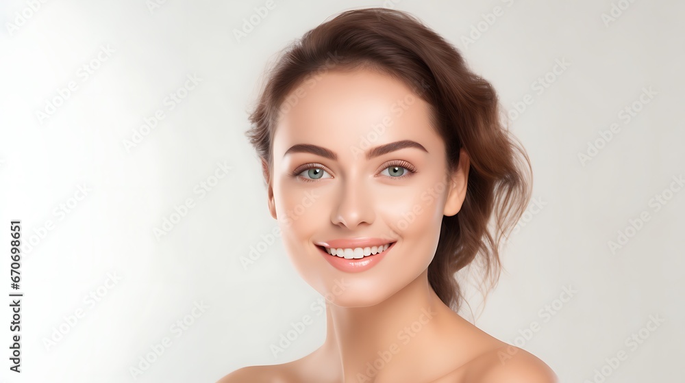 Portrait of young happy woman looks in camera. Skin care beauty, skincare cosmetics, dental concept isolated over white background Portrait of young happy woman looks in camera. Skin care beauty, skincare cosmetics, dental concept isolated over white background