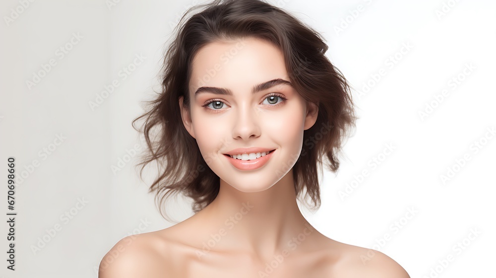 Portrait of young happy woman looks in camera. Skin care beauty, skincare cosmetics, dental concept isolated over white background Portrait of young happy woman looks in camera. Skin care beauty, skincare cosmetics, dental concept isolated over white background