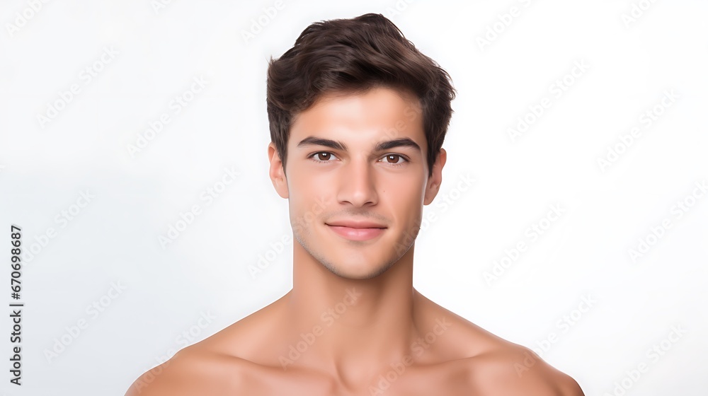 Portrait of young happy man looks in camera. Skin care beauty, skincare cosmetics, dental concept isolated over white background Portrait of young happy man looks in camera. Skin care beauty, skincare cosmetics, dental concept isolated over white background