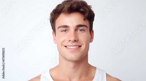 Portrait of young happy man looks in camera. Skin care beauty  skincare cosmetics  dental concept isolated over white background