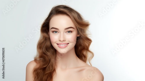 Portrait of young happy woman looks in camera. Skin care beauty, skincare cosmetics, dental concept isolated over white background 