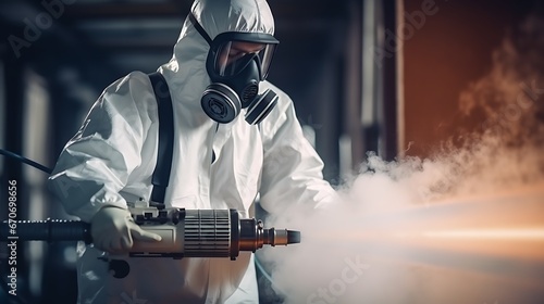 A guy from the pest control service in a mask and a white protective suit sprays poisonous gas 