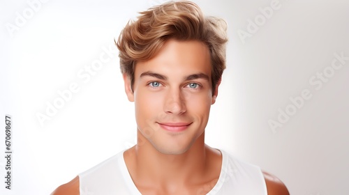 Portrait of young happy man looks in camera. Skin care beauty, skincare cosmetics, dental concept isolated over white background