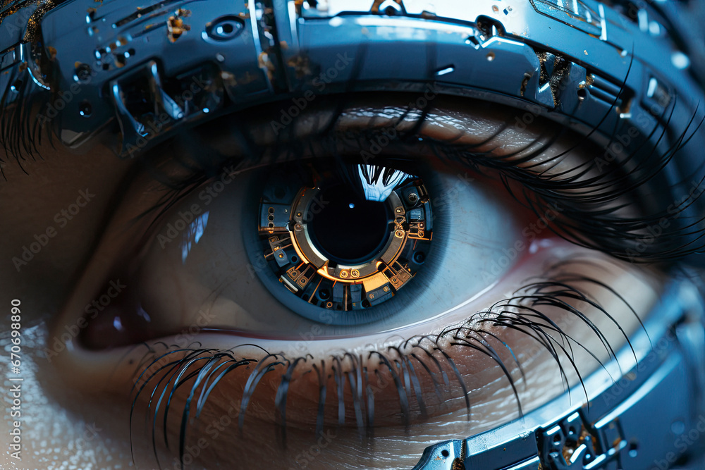 Female eye with overlay of printed circuit board. Concepts of Artificial intelligence development or Microchip implants.