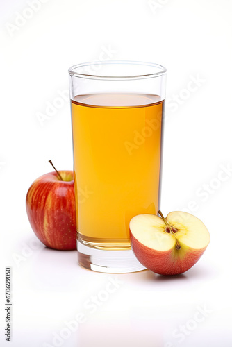 A glass of fresh apple juice with apple halves on a white background. Illustration for backgrounds, banners and other projects about healthy lifestyle.