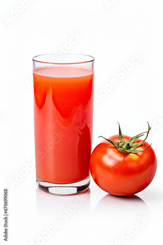 Illustration with a glass of fresh tomato juice on a white background. For backgrounds, banners and other projects about healthy lifestyle. © Olga