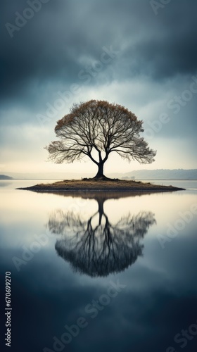a lone tree reflected in a still pond, its distorted image creating a dreamlike quality that captivates the viewer