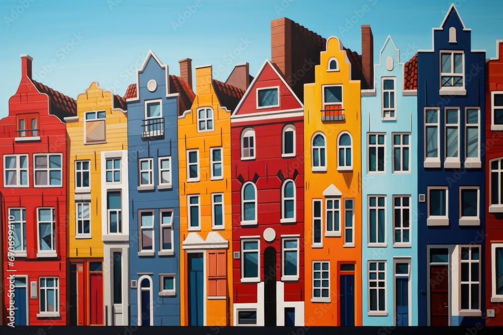A painting of a row of colorful buildings