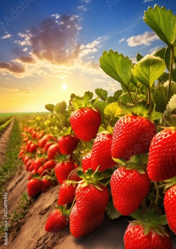 Red fresh strawberries in a row grow in the field, sunset light. Generative Ai.