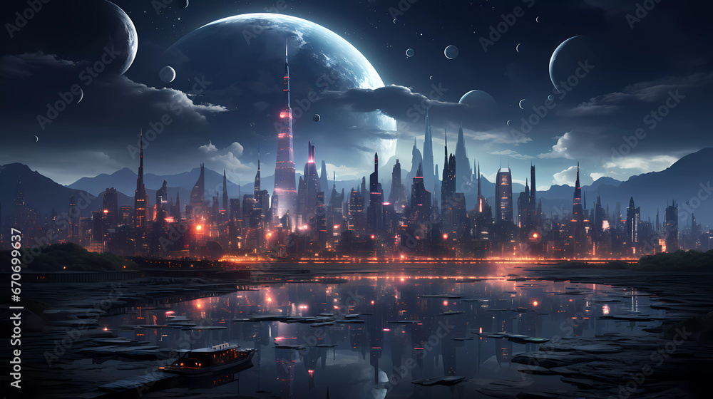 A computer generated image of a city at night with a large building in the middle of the city and a lot of lights A computer generated image of a city at night with a large building in the middle of the city and a lot of lights
