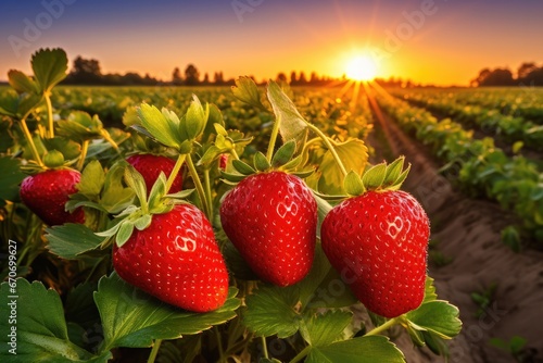 Red fresh strawberries in a row grow in the field  sunset light. Generative Ai.
