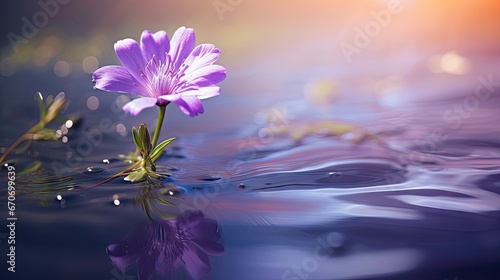  a purple flower floating on top of a body of water with drops of water on the surface of the water.  generative ai