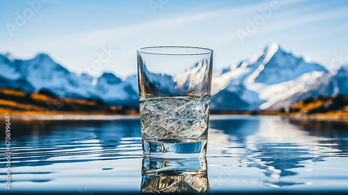 glass of clear water on the background of mountains, space for text