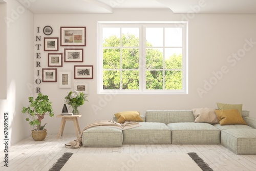 White living room with sofa and summer landscape in window. Scandinavian interior design. 3D illustration