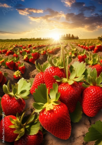 Red fresh strawberries in a row grow in the field, sunset light. Generative Ai.