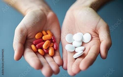 A man's hand holding pills