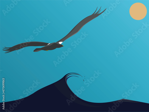 Steller sea eagle flying trough the ocean to the sun. Vector illustration.
