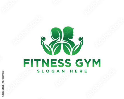 Man and woman body fitness logo design with leaf icon shaped vector illustration.