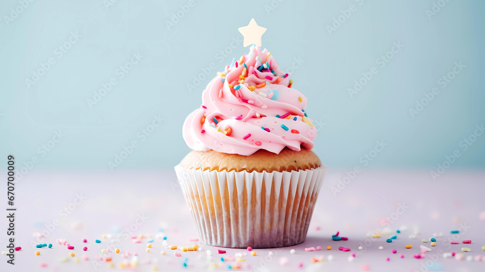 A cupcake with a happy birthday sign on top of it with sprinkles and confetti A cupcake with a happy birthday sign on top of it with sprinkles and confetti
