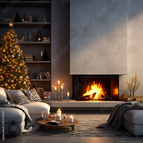 christmas decoration of a modern house with christmas tree and fireplace