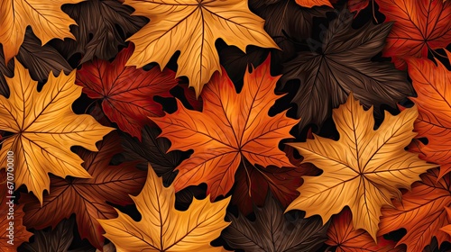  an image of a lot of leaves that are in the shape of a pattern on a black background with orange, yellow, and brown colors. generative ai