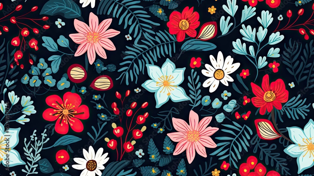 a black background with red, white, and blue flowers and leaves on a black background with red, white, and blue flowers. generative ai a black background with red, white, and blue flowers and leaves on a black background with red, white, and blue flowers. generative ai
