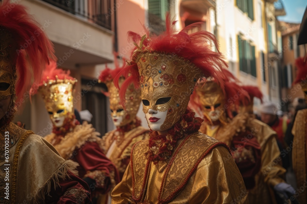 A masked group participating in a traditional Venetian masquerade parade, with lively music and vibrant floats. The photo captures the festive spirit and grandeur of the Carnival celebration.