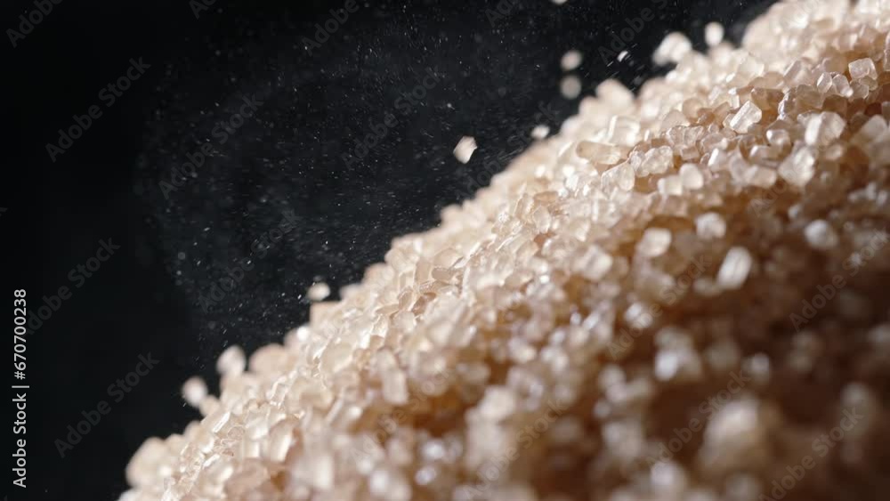 Brown cane sugar is poured into pile. Macro shot of half pile slow motion. Monitoring and reducing sugar intake in diet is crucial to curbing prevalence of diseases like obesity and diabetes.Nutrition Brown cane sugar is poured into pile. Macro shot of half pile slow motion. Monitoring and reducing sugar intake in diet is crucial to curbing prevalence of diseases like obesity and diabetes.Nutrition