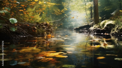a forest reflected in a river, the ripples in the water creating an impressionistic painting-like effect