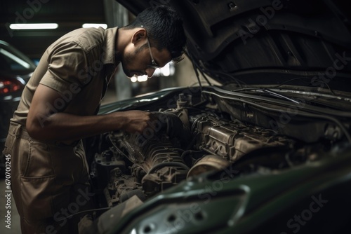 A mechanic repairing a car in a garage, showcasing technical skills and expertise.