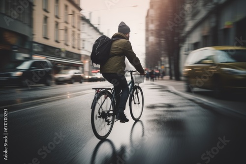 A person cycling instead of using a car, promoting eco-friendly transportation methods. City street on the background.