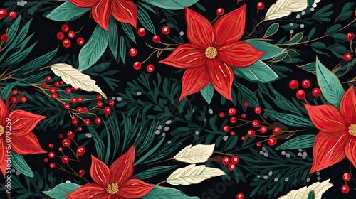  a seamless christmas pattern with poinsettis, holly, and berries on a black background with green leaves and berries. generative ai