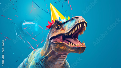 A dinosaur with a party hat and streamers on its head is standing in front of a blue background © junaid