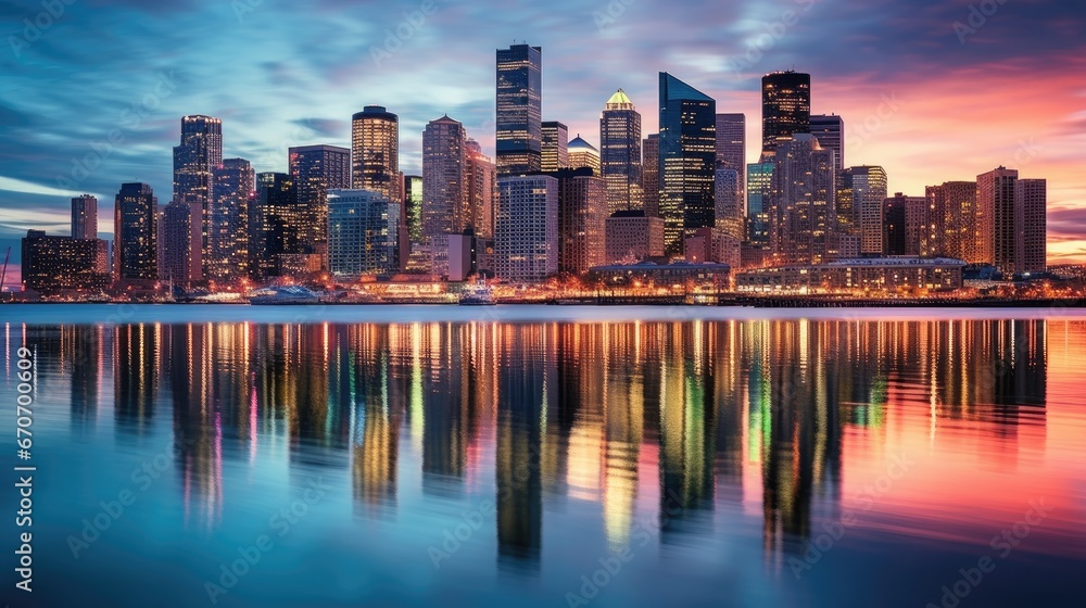  city skyline at dusk, its myriad lights mirrored in the harbor below, creating a dazzling spectacle of color and light

