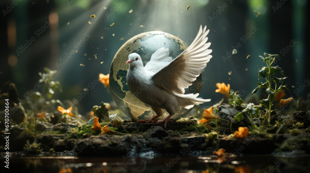 Peace on earth with a Dove in front of an Earth globe. - obrazy, fototapety, plakaty 