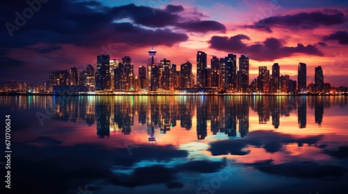  city skyline at dusk, its myriad lights mirrored in the harbor below, creating a dazzling spectacle of color and light 