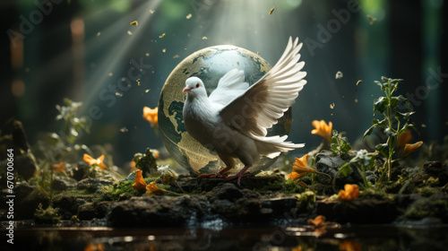 Peace on earth with a Dove in front of an Earth globe. photo