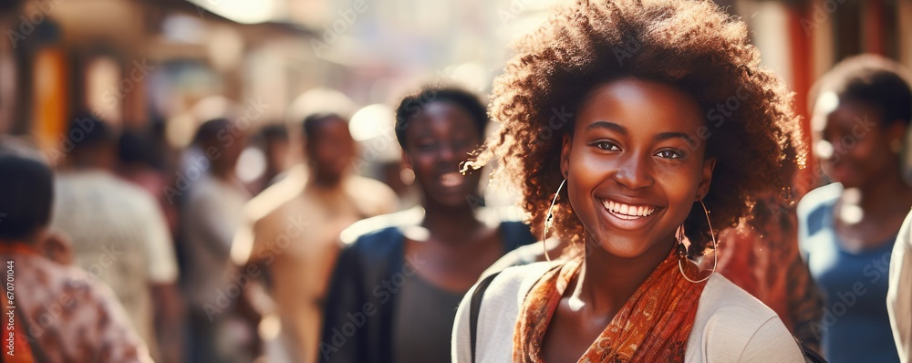 Portrait of happy young african afro kid on holiday, banner panorama. Generative Ai. Portrait of happy young african afro kid on holiday, banner panorama. Generative Ai.