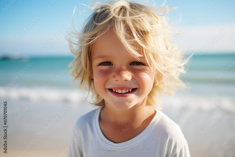 Portrait of happy young caucasian blonde kid blue eyes on holiday. Generative Ai. Portrait of happy young caucasian blonde kid blue eyes on holiday. Generative Ai.