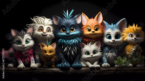 A group of cartoon animals sitting next to each other on a black background with a white and blue stripe