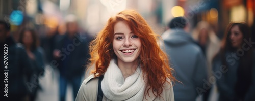 Portrait of happy young caucasian redhead women in streets of night city, panorama. Generative Ai. © annamaria