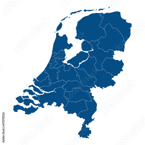 Netherlands map. Map of holland in administrative regions on blue color