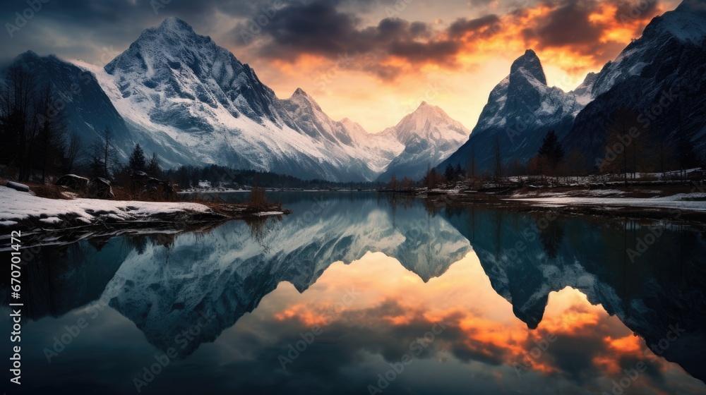 the perfect symmetry of a mountain range reflected in a tranquil lake, blurring the line between reality and illusion