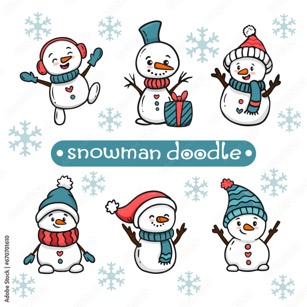 Set of cute cartoon snowmans for content , banner, stickers and greeting card, christmas and new year. The collection of funny snowmen in doodle style. Vector