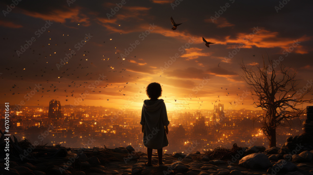 Fototapeta premium Young orphaned refugee silhouette standing in front of their destroyed city in flames looking at 2 birds in the sky.