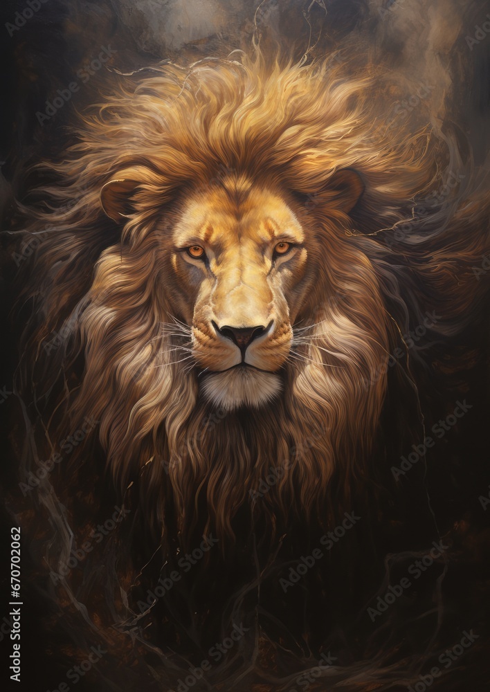 Fototapeta premium Zodiac sign of leo lion head fantasy lights dark horoscope. Generative Ai.